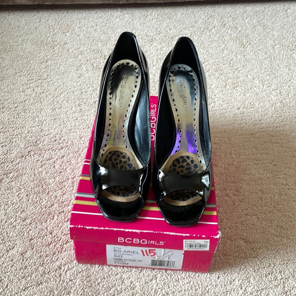 BCBG Patent Leather Open Toe Black Heels